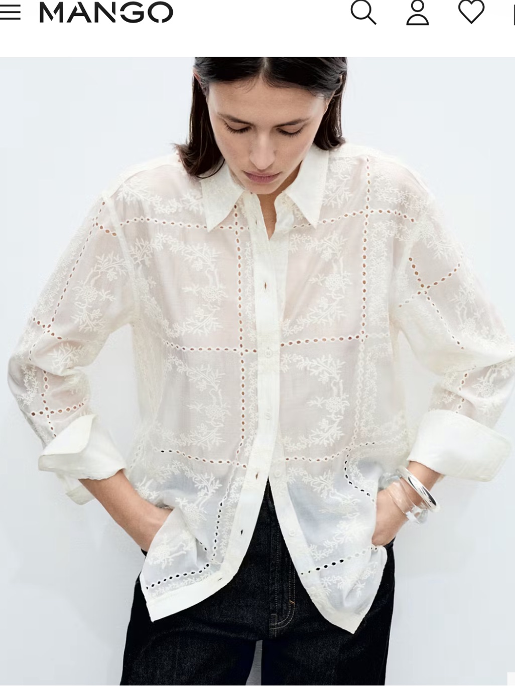 Mango Ivory Sheer Embroidered Button-Down Shirt